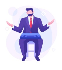 Business man is relaxing and dreaming about something at his work place. Modern office interior. Business concept. Vector illustration.