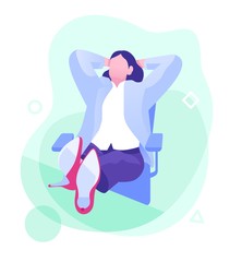 Obraz na płótnie Canvas Business woman is relaxing and dreaming in work place. Modern office interior. Business concept. Vector illustration.