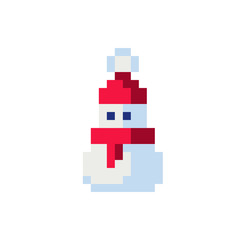 Snowman character. Сap on head and red scarf around neck. Pixel art greeting card design. Isolated vector illustration