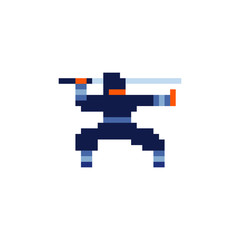 Samurai with a sword pixel art character. Isolated vector illustration. 8-bit sprite. Design stickers, logo, mobile app. © thepolovinkin