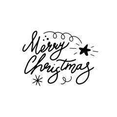 Merry Christmas wish quote hand drawn black lettering. Xmas slogan, phrase isolated clipart. Stylized sketch typography. Winter holiday banner, poster, greeting card vector design element.