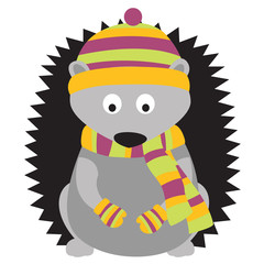 Hedgehog wearing hat, mittens and scarf. Animal sitting on its hind legs. Vector flat illustration isolated on the white background