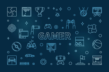 Gamer vector concept blue outline horizontal illustration or banner on dark background