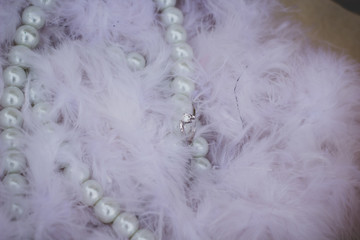 Elegant and beautiful pearl necklace above feather.