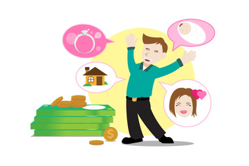 Naklejka premium Happy man with his life goals as lover, wedding, house and baby from his success in working to earning more income money. Editable with layers. Isolation vector illustration.