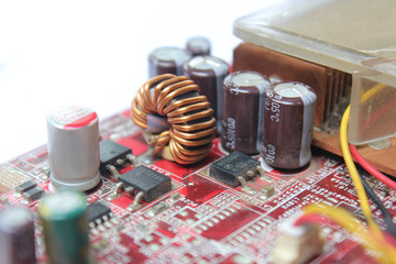 closeup​ graphics cards interface, video​ card, VGA card, video​ display​ board​ ,red computer chip,