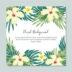Floral background with hibiscus flower and palm leaf - obrazy, fototapety, plakaty