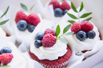 Appetizing cupcakes with white cream, raspberries and blueberries decorated with green leaves.