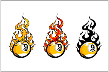 Billiard 9 ball flame vector set of 3