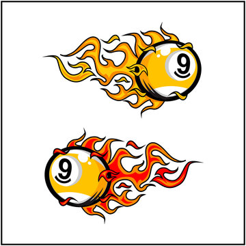 Billiard 9 ball flame vector set of 2