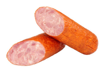 Polish medium coarse cooked smoked and dry cured pork sausage isolated on a white background