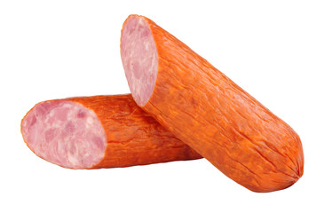 Polish medium coarse cooked smoked and dry cured pork sausage isolated on a white background