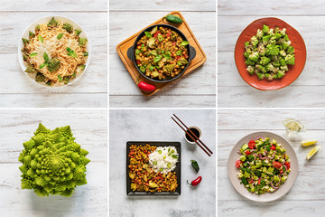 Collage with various dishes of cabbage romanesco