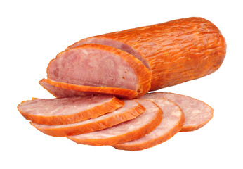 Polish medium coarse cooked smoked and dry cured pork sausage isolated on a white background