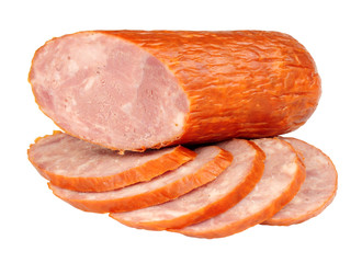 Polish medium coarse cooked smoked and dry cured pork sausage isolated on a white background