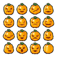 Halloween pumpkin lantern scary faces smile emoji icons set isolated blot background decoration cartoon design vector illustration