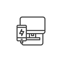 Mobile phone plugged and charging from computer line icon. linear style sign for mobile concept and web design. Smartphone repair outline vector icon. Symbol, logo illustration. Vector graphics