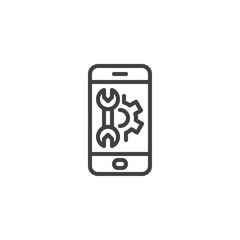 Phone with gear and wrench line icon. linear style sign for mobile concept and web design. Mobile phone repair settings outline vector icon. Symbol, logo illustration. Vector graphics