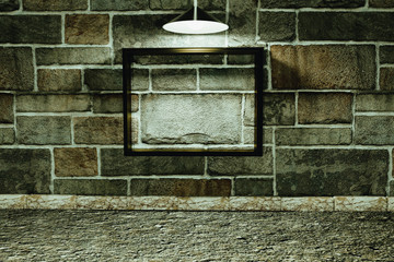 3d renderingMasonry wall with a gold frame in the center, Illuminated by a lantern from above