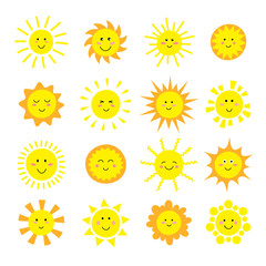 Cartoon sun collection. Yellow sun icons set isolated on white. Sun pictogram, summer symbol for website design, web button, mobile app.