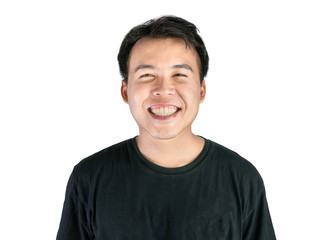 Fototapeta premium Happy and smile face of Asian man wearing black t-shirt isolated on white background.