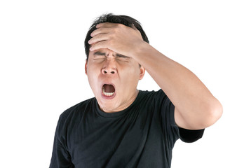 Fototapeta premium Stressed and frustrated face of Asian man wearing black t-shirt isolated on white background.