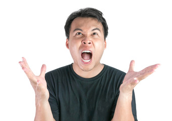 Angry and Mad face of Asian man wearing black t-shirt isolated on white background.