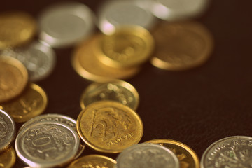 Polish coins scattered on a dark background close up. Retro style