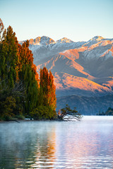 Scenic peace and colorful of lake wanaka and Mt. Aspiring at the back in the morning, One of tourist attraction places in New Zealand. the popular place in New Zealand that tourist must visit.