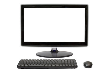 Modern flat screen computer monitor. Computer display isolated on white background, mock up devices in interior, Desktop computer and keyboard and mouse on white, White blank Monitor screen.