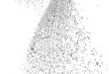 splashes, jets and drops of water hovering in the air on a white background