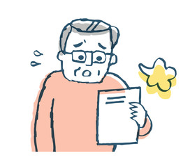 書類を見るシニア男性　ピンク