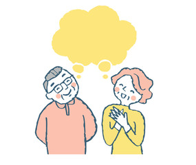 笑顔のシニア夫婦　ふきだし　ピンク