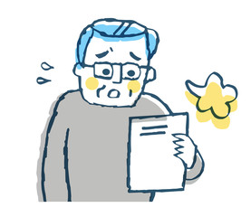 書類を見るシニア男性　ブルー