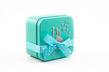 Time gifts,Green gift box with ribbon on white background