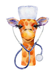 Watercolor giraffe doctor.