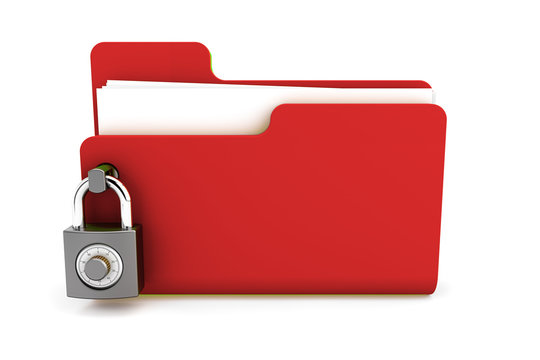 red folder with the lock isolated on white background. Data security concept. 3d render.