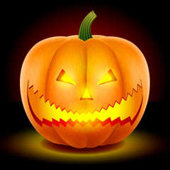 Pumpkin with a scary face. The mask is carved with a knife.. Halloween symbol. With a bright candle inside. Isolated on a dark background. Vector graphics