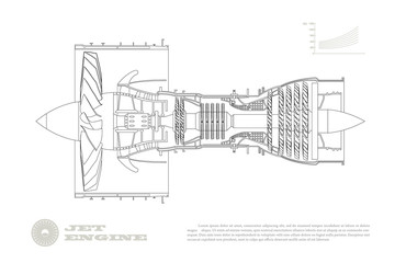 Jet engine of airplane in outline style. Industrial aerospase blueprint. Drawing of plane motor. Part of aircraft. Isolated image. Side view