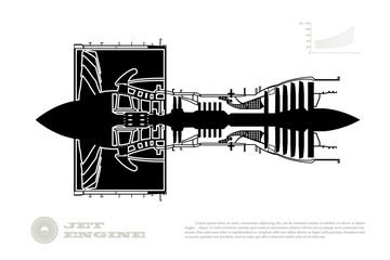 Black silhouette ot airplane jet engine. Industrial aerospase blueprint. Drawing of plane motor. Part of aircraft. Isolated image. Side view