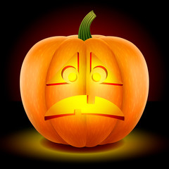 Pumpkin with an angry and sad mask. The mask is carved with a knife.. Halloween symbol With a bright candle inside. Isolated on a dark background. Vector graphics