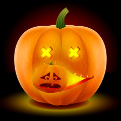 Pumpkin with an evil face, in the teeth one more pumpkin. The mask is carved with a knife. Halloween symbol With a bright candle inside. Isolated on a dark background. Vector graphics