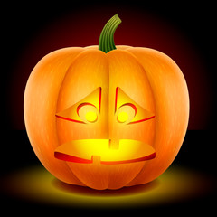 Pumpkin with a sad crying mask. The mask is carved with a knife. Halloween symbol with a bright candle inside. Isolated on a dark background. Vector graphics