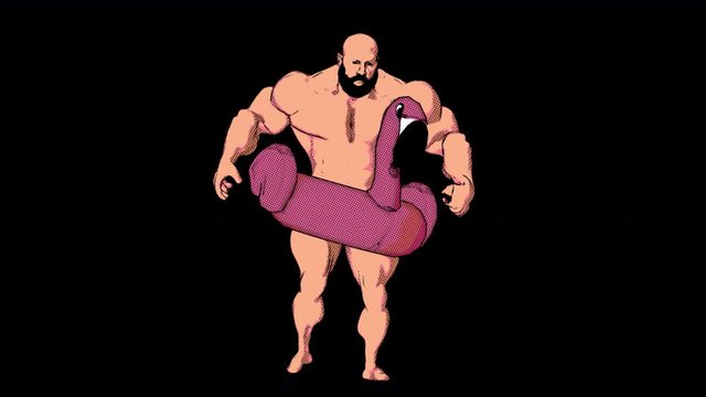 Seamless animation of masculine muscular bodybuilder walking with a pink flamingo inflatable. Funny summer background cartoon hand drawn style  isolated with alpha channel.