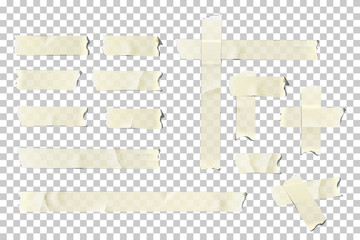 Adhesive or masking tape pieces set. Vector torn masking and adhesive tape parts isolated on transparent background.
