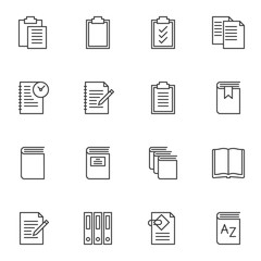 Document file folders line icons set. linear style symbols collection, outline signs pack. vector graphics. Set includes icons as paper clipboard, task list, open book page, office folders, notebook