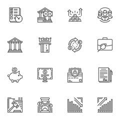 Business and finance line icons set. linear style symbols collection outline signs pack. vector graphics. Set includes icons as bank building, credit card, money bill, gold bar, money saving, contract