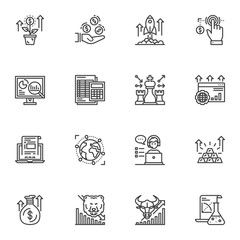 Business and finance line icons set. linear style symbols collection, outline signs pack. vector graphics. Set includes icons as accounting calculator, startup rocket, money bag, investment, marketing