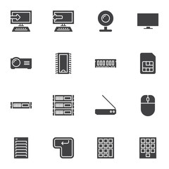 Computer parts vector icons set, modern solid symbol collection, filled style pictogram pack. Signs, logo illustration. Set includes icons as desktop computer monitor, microchip, keypad, webcam, RAM