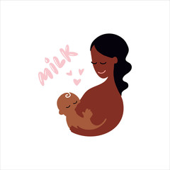 Vector contour flat logo breastfeeding. Black skinned Mother and black skinned newborn baby in her hands. Concept of support for motherhood. Hand lettering to World breastfeeding Day